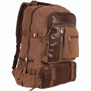 Retro Cantabrian Excursion Rucksack.        Extra-large main compartment with zippered closure<br>
Dual front zippered compartments<br>
3 zippered accessory pockets<br>
2 outer open top dump pockets<br>
Quad cinch straps<br>
Padded back<br>
Padded, adjustable shoulder straps Hanging hook<br>
Hanging hook<br>
Grab handle<br>
Color washed canvas with genuine leather trim