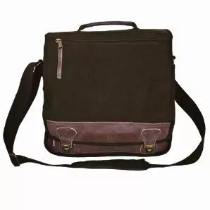 "Classic" Euro-Style Messenger Bag.    Over-size fitted storm flap with zippered compartment<br>
Huge main compartment with expandable divider, ideal for laptop computer, large text books, manuals and more<br>
Removable, adjustable padded shoulder strap<br>
Back document pocket<br>
Zippered closure accessory compartment featuring organizer panel, open-top sleeve pocket, and zip close mesh pocket<br>
Hide-away shoulder straps<br>
Padded grip handle<br>
Color washed canvas with genuine leather tri