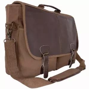 Academic Portfolio Briefcase - Olive Brown.          Heavy weight cotton canvas with genuine leather trim<br>
1 large zippered main compartment with spacious storage sleeve capacity<br>
Electronic tablet sleeve pocket<br>
Separate laptop sleeved compartment<br>
Features zippered inner and back pockets and 2 open top dump pockets<br>
Leather trimmed grip handle and adjustable padded shoulder strap<br>
Leather trimmed front flap with easy access buckle closure  