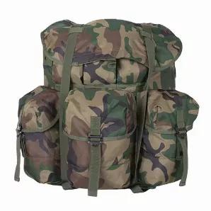Large Alice Field Pack - Woodland Camo                Constructed of durable P.U. coated polyester<br>
Large main compartment under storm flap<br>
Hidden map pocket under flap with hook & loop closure<br>
3 Upper pockets with snap closure<br>
3 Lower pockets with compression buckles & 2-snap closure<br>
Wrap around compression straps over storm flap<br>
Does not come with shoulder straps