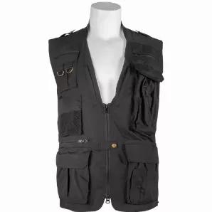 Advanced Concealed Carry Travel Vest Black.      55% cotton, 45% polyester construction<br>
Front face of vest features 16 storage pockets: 3 pockets with zippered closure, 5 open-top pockets, 4 flap-top pockets, 2 side hand warmer pockets, 2 rapid access C.C. side entry pockets & pen slot<br>
Heavy duty 2-way zipper allows for proper adjustment whether sitting or standing<br>
2 large inner concealed carry pockets; one on each side, makes it suitable for right and left handers<br>
2 inner magazi