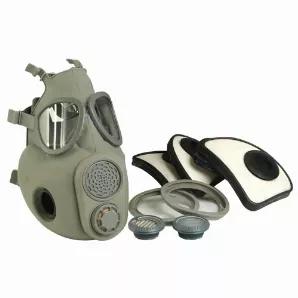 Czech M10 Gas Mask With Filter.        Grey rubber<br>
Plastic eyes and plastic mouthpiece<br>
6 elastic straps<br>
Additional eye piece replacement lenses<br>
(For novelty and costume purposes only)                   