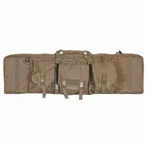 Dual Combat Case 42" - Coyote.      Internal padded divider allows for safe & secure transport of 2 weapons and is removable making<br>
4 hook & loop hold-down web straps<br>
2 sleeve pockets to store handguns<br>
Concealed shoulder strap system on back panel for ease in transport<br>
3 modular pouches on front to store accessories<br>
Removable padded shoulder strap<br>
Comes with a 2" x 3" Fox Tactical patch in matching trim color                  