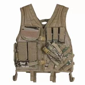 Assault Cross Draw Vest - Multicam                    Size: L - XL (Fits Most)<br>
Made of Extra Heavy-Weight 600 Denier Material<br>
Modular Pistol Holster<br>
Accepts duty or pistol belt (not included) via snap/hook n'loop web straps<br>
Ammo/Utility Pouch with ID "Loop" Panel<br>
Triple 30 Round Pouch for M4 AR15/AK-47<br>
Dual ribbed shooting shoulders<br>
Q-R buckle cinch straps<br>
Drag handle<br>
Triple Pistol Mag Pouch<br>
Side girth web straps for a custom fit<br>
Heavy duty zipper Modu