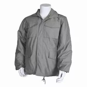 M65 Field Jacket With Liner - Grey.     65% polyester / 35% cotton water repellent shell<br>
Deluxe 100% polyester, fiberfill button-in liner (not shown)<br>
Heavy duty #10 zipper w/ rugged fabric matching pull cord<br>
Full snap-down storm flap over zipper to protect from external elements<br>
2 bellowed chest pockets & 2 lower waist pockets w/ snap down closure<br>
Shoulder epaulets<br>
Adjustable hook & loop cuffs<br>
Brass-zippered concealed hood (not shown)<br>
Gusseted upper back to provid
