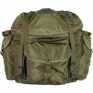 Austrian Military A.L.I.C.E. Type Rucksack. 1 Large main compartment with buckled closure – easy access pocket<br>
Fitted storm flap with dual cinch straps<br>
3 outside pockets with fitted storm flaps and spring compression buckle closure with drain grommets<br>
A full 6" extension with draw cord closure on main compartment<br>
Rubberized waterproof lining on bottom of pack<br>
Detachable & fully adjustable “H" type padded shoulder straps<br>
Web grip handle       