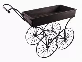 Take a stroll down memory lane with this quaint display cart leading the way. Let your mind drift to a more simple time. Why not bring some of the past to the present? This time-centered cart will be the talk of the town. Metal display cart has large D?corative wheels and handle for mobility. Durable metal construction with an antique brown finish. Assembly required. Overall cart size is 40-inches by 18-inches and 35-inches total height.