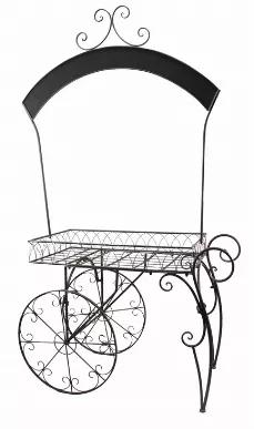 This cart has endless possibilities either for indoor or outdoor use. Adorable lemonade stand for the kids, an elegant wine rack, or display your own works of art at a craft show. Without a doubt, this piece is one to grab attention. Elegant scrolling give this cart a class all its own. As the saying goes "it's all in the details', and this is no exception. The adorable chalkboard arch allows you to personalize a message for all to see. Assembly required. Cart measures 36-inches by 22-inches and