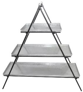 Organize and display your plants with our three-tier garden shelf. Sturdy black metal frame holds galvanized metal shelves. Each shelf acts as a tray, is removable and has a raised lip to stop spills. Our garden shelf unit is a great addition to your living room, bathroom, kitchen or any room that could use a little sprucing up! The overall size is 48" wide, 17" deep and 55" tall. Bottom shelf is 46" long, middle shelf is 33.5" long and top shelf is 21" long.