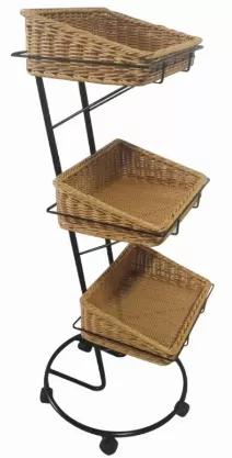 Highlight your products and add a unique rustic touch to your store with our Three-Tier Storage Stand with Washable Wicker Baskets. Our three-basket shelf is great for displaying items, with an awe-inspiring D?corative accent. Use this storage in many settings to create stylish displays for towels, soap, candles, produce, breads, or even linens. Flexibility makes this a versatile display for your store!