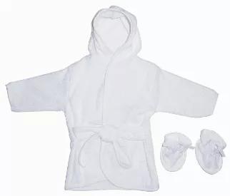 <p>White Hooded Infant Bath Robes With white trim</p><br><p>Includes: Booties Set.</p><br><p>80% Cotton / 20% Polyester</p><br><p>Colors: White</p><br><p>Size: Up to 9 Months</p><br><p>One Size Only</p><br><p>Packed Individually On Hangers</p><br><p>14 inches in length</p><br>