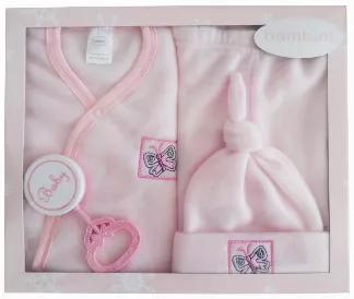 <p>This amazing 4 Piece Girls Boxed Gift Set comes complete with a collar-less jacket, a hat, and a pair of pants and a rattle. This makes for the perfect starter kit to give every new mommy the few essential garments that she'll need for her new bundle of joy. This beautiful pastel pink shade will make for a great Spring gift.</p><br><p>Jacket, Cap, Pants, Rattle</p><br><p>Fabric : Fleece</p><br><p>Size: Newborn Only</p><br><p>1 Set Per Box</p><br>