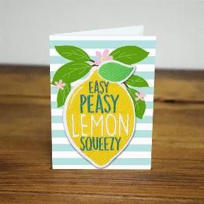 Easy Peasy Lemon Squeezy! Woven iron-on patch features a 4 color lemon design and is approximately 1 1/2 x 2 1/2".