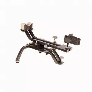 The Hyskore Black Gun Shooting Rest is designed to provide the shooter with a rest that is solid, light weight, well balanced and disassembles with a convenient self-storage feature.  For use with AR-15 or AK-47 style weapons, the design accommodates high capacity (up to 40 round) magazines and pistol grips.  The rest features a black powder coat finish, three point leveling, a magnetic bubble level and a leather front rest bag.