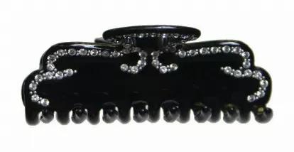 <p>Royal Looking Hair Claw 108 Crystal Rhinestones Plus Studs Make Up This Wonderful  Handmade Black  Piece</p><br><tr><th>Material:</th><td>Celluloid </td></tr><br><tr><th>Manufacturer:</th><td>French</td></tr><br><tr><th>Hand made plastic:</th><td>Yes</td></tr><br><tr><th>Hand painted:</th><td>No</td></tr> <tr><th>Style:</th><td>Evening</td></tr>  <tr><th>Size:</th> <td>Med</td></tr> <tr><th>Width (Inches):</th> <td>2.25</td></tr> <tr><th>Style #:</th> <td>1253</td></tr>