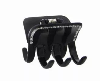 <p>56 Crystal Rhinestones  Plus Studs Outline The Top Of This Square  Black Jaw Hair Claw</p><br><tr><th>Material:</th><td>Celluloid </td></tr><br><tr><th>Manufacturer:</th><td>French</td></tr><br><tr><th>Hand made plastic:</th><td>Yes</td></tr><br><tr><th>Hand painted:</th><td>No</td></tr> <tr><th>Style:</th><td>Evening</td></tr>  <tr><th>Size:</th> <td>Med</td></tr> <tr><th>Width (Inches):</th> <td>2.5</td></tr> <tr><th>Style #:</th> <td>1254</td></tr>
