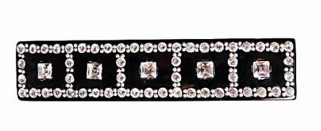 <p>Five (5) Square Stones Plus 50 Crystal Rhinestones And Studs Creates 5 Squares Decorating An Oblong Barrette </p><br><tr><th>Material:</th><td>Celluloid </td></tr><br><tr><th>Manufacturer:</th><td>French</td></tr><br><tr><th>Hand made plastic:</th><td>Yes</td></tr><br><tr><th>Hand painted:</th><td>No</td></tr> <tr><th>Style:</th><td>Evening</td></tr>  <tr><th>Size:</th> <td>Med</td></tr> <tr><th>Width (Inches):</th> <td>1.5</td></tr> <tr><th>Style #:</th> <td>1259</td></tr>