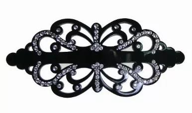 <p>Filigree Decorated  With 78 Crystal Rhinestones Plus Studs On Black Tight Automatic Barrette</p><br><tr><th>Material:</th><td>Celluloid </td></tr><br><tr><th>Manufacturer:</th><td>French</td></tr><br><tr><th>Hand made plastic:</th><td>Yes</td></tr><br><tr><th>Hand painted:</th><td>No</td></tr> <tr><th>Style:</th><td>Evening</td></tr>  <tr><th>Size:</th> <td>Large</td></tr> <tr><th>Width (Inches):</th> <td>3.5</td></tr> <tr><th>Style #:</th> <td>1261</td></tr>