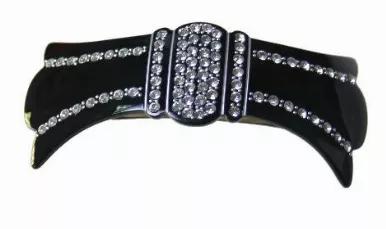 <p>Volume Barrette Decorated With 76 Crystal Rhinestones Plus Studs And Engraved Hand Painting</p><br><tr><th>Material:</th><td>Celluloid </td></tr><br><tr><th>Manufacturer:</th><td>French</td></tr><br><tr><th>Hand made plastic:</th><td>Yes</td></tr><br><tr><th>Hand painted:</th><td>No</td></tr> <tr><th>Style:</th><td>Evening</td></tr>  <tr><th>Size:</th> <td>Ex-Large</td></tr> <tr><th>Width (Inches):</th> <td>3.5</td></tr> <tr><th>Style #:</th> <td>1262</td></tr>