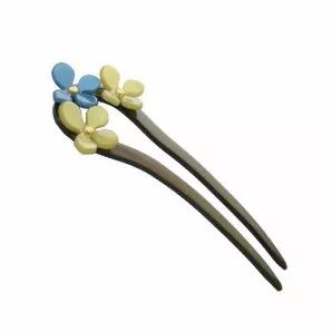 <p>Three handmade flowers decorated with shiny gold studs accentuate this handmade <a href="/faq-2.html" title="Chignon Hair Pin">chignon hair pin</a>.</p>    <br><tr><th>Material:</th><td>Celluloid </td></tr><br><tr><th>Manufacturer:</th><td>French</td></tr><br><tr><th>Hand made plastic:</th><td>Yes</td></tr><br><tr><th>Hand painted:</th><td>No</td></tr> <tr><th>Style:</th><td>Day/Evening</td></tr>  <tr><th>Size:</th> <td>Med</td></tr> <tr><th>Style #:</th> <td>4964</td></tr>