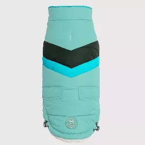 The GF Pet Alpine Puffer is a great choice for active dogs who are looking for carefree fashion and warmth. It's a modern take on a retro chevron design, with faux pockets and next-generation styling. With GF Pet signature contrast piping and snuggly-warm, popcorn Sherpa lining, the Alpine Puffer keeps it real. Water repellent and super-adjustable, with patented Elasto-Fit technology, this coat is designed to keep dogs looking cool while staying warm.  <br>

Features: <br>
Patented Elasto-Fit Te