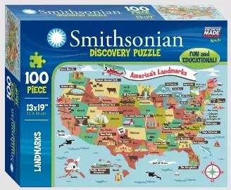 <li>Smithsonian Discovery Puzzles are fun, educational puzzles created with fresh, contemporary artwork and useful information allowing children to learn in multiple ways while they are creating their masterpiece <li>Puzzle building encourages children to problem solve while aiding in motor skills development <li>While building the puzzle, children will be delighted by engaging imagery that teaches them about America's great landmarks - there is even a fun fact sheet included in the box <li>Puzz