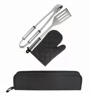 Flip and turn all your grilling favorites with this 4-piece barbecue tool set. The set stores easy in its zippered case for the winter, or stays at arms reach with the convenient handle hooks. This set of essentials is perfect for any griller.<br> Constructed from polished stainless steel<br> Convenient handle hooks<br> Slotted chef's spatula<br> Grill tongs<br> Quilted oven mitt<br> Zippered storage case with pocket<br> Product Size: 14.75" L x 3.5" W x 2" H