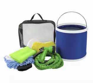 Auto enthusiasts will appreciate this deluxe kit with all the reusable tools needed for the perfect car wash. From the collapsible wash bucket to the expandable hose with sprayer, each piece is kept organized in a storage case with carry handle.<br> Cleaning cloths (2)<br> Chenille mitt<br> Microfiber applicator pad<br> Sponge<br> Collapsible water bucket<br> 25' foot Scrunchie hose<br> Spray head for hose<br> Storage bag with carry handle<br> Product Size: 12" W x 9.5" H x 3.5" D