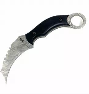 The BnB Knives fixed blade Karambit offers a fierce tactical design. This intimidating karambit fixed blade. The BnB Knives is a battle worthy karambit with a tough 1095 High-Carbon Damascus steel blade and a textured G-10 handle. 1095 Damascus steel provides a perfect balance of edge retention and blade toughness. Textured G-10 handle scales offer a secure grip in difficult outdoor conditions. Item includes a fitted leather sheath with a belt clip that can be strapped anywhere on a gear kit for