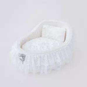 For that beautiful addition to your family, you'll want your pup to have sweet beginnings in our adorable Crib Bed by Hello Doggie, to lull your baby into sweet dreams. Trimmed in two-tiered romantic handmade lace, our cribs also feature a bouquet drop crystal brooch and removable pillow for easy care. Pair with any Hello Doggie Blanket. You'll be the envy of all your friends! Our collection offers four soft colors to choose from.