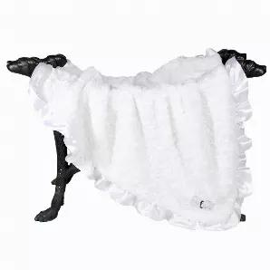 Snuggle your pup in this soft and silky dog blanket for a night of sweet dreams. This cozy dog blanket has a finishing touch of a ruffle satin trim. This blanket is perfectly paired with our dog cribs or any of the dog beds in the following colors available.