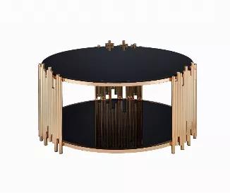 <p>Your living room can get more fashionable with this outstanding coffee table. It is painstakingly constructed to readily fit into any modern room setting. Detailing an asymmetrical metal tubing to showcase a distinctive profile and shimmering gold design. The coffee table top is made of black tempered glass as well as the bottom shelf while the gold finished metal drum base complement the masterpiece. This will surely be a smart addition to your living space.</p>