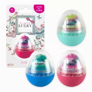 LUKKY Lip Balm egg-shaped x 0.35oz, assortment of 12 pcs<br>

Included in Assortment:<br>
raspberry sorbet x 4<br>
blue lagoon x 4<br>
vanilla cloud x 4<br>
Lip balm moisturizes and softens the skin, protecting it from chapping and dryness. Easily spreads on the lips and leaves a mild aroma.<br>

Directions: Apply a thin layer on the lips as needed<br>

Net.Wt. 0.35 oz/10 g
