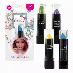 LUKKY Lipstick, color-changing, turns pink, 0.12 fl.oz, assortment of 12 pcs<br>

Included in Assortment:<br>
base color - blue x 3<br>
base color - purple x 3<br>
base color - yellow x 3<br>
base color - green x 3<br>

Try this unique lipstick with a magical effect! Apply on lips, and it will change its color to pink!<br>

Directions:<br>

Apply a thin layer on lips as needed. After application, the color will turn pink.<br>

Net.Wt. 0.12oz/3.3g