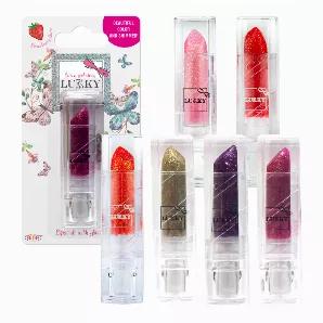 LUKKY Lipstick with glitter, strawberry flavor, assortment of 12 pcs<br>

Included in Assortment:<br>
strawberry flavor, magenta x 2<br>
strawberry flavor, gold x 1<br>
strawberry flavor, pink x 3<br>
strawberry flavor, red x 3<br>
strawberry flavor, orange x 1<br>
strawberry flavor, purple x 2<br>

Bright shimmering lips every day!<br>

Directions: Apply lipstick on lips as needed. Remove with tissue.<br>

Net.Wt. 0.12oz/3.4g