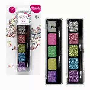 LUKKY Eye shadow cream with glitter, with applicator brush, 6 colors, x 0.21oz - assortment of 12 pallets<br>

Trendy colors with shimmering glitter will let you change your look every day!<br>

Included in Assortment:<br>
Pallet 1: White, pearl, 4 shades of blue x 3<br>
Pallet 2: Lilac, pink, fuchsia, purple, light pink, gold x 3<br>
Pallet 3: 3 x shades of purple, 3 shades of green x 3<br>

Directions: Apply the eye shadow on the top eyelid using the applicator brush. Remove with water.<br>

V