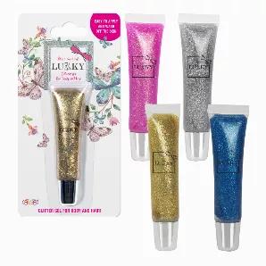 LUKKY Body and hair glitter gel x 0.44 fl.oz., assortment of 12 pcs<br>

Included in Assortment:<br>
Blue x 3<br>
Gold x 3<br>
Silver x 3<br>
Pink x 3<br>

Sparkling glitter that's always with you! Compact, bright and beautiful!<br>

Directions: Apply gel on body or hair. Spread using fingers. Remove with soap or shampoo.<br>

Vol.: 0.44 fl.oz/ 13 ml