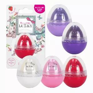 LUKKY Lip Balm with glitter, egg-shaped x 0.35oz, assortment of 12 pcs<br>
Flavored Glitter Lip balm moisturizes and softens the skin, protecting it from chapping and dryness. Easily spreads on the lips and leaves a mild aroma and glitter<br>

Included in Assortment:<br>
red aurora x 3<br>
tender pink x 3<br>
purple joy x 2<br>
lilac mist x 2<br>
shimmering pearl x 2<br>

Directions: apply a thin layer on the lips as needed<br>

Net.Wt. 0.35 oz/10 g
