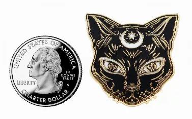Who says black cats are unlucky? We think they're beautiful. This black, white & gold enamel pin in produced in a woodcut style, to give it a beautiful, raw look. If your witches coven doesn't have a black cat yet, you can adopt this one. For the Sailor Moon fans, this pin reminds us a little bit of Luna.<br> 1'' Double-posted hard enamel<br> Two butterfly clasps<br> Real gold plating<br> Crescent Moon Birthmark<br> Every witch needs a black cat<br> This pin looks great on leather or denim jacke