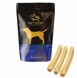 Nak Dog Chew is Hand Made from 100% Yak milk from The Himalayas which means yummier , Human -Grade, Easily Digestible , Smoky Flavor long lasting Dog Chew, Easily Digestible. No Preservatives, No Odor, No Staining, Help keeping your dog's mind Stimulated, Reduces Stress, Anxiety and Boredom. Trust Nak Dog Chew for best Customer Service and Canine Welfare. Small Dog Chew Pack made only from 100% Yak Milk 3 Pcs/7.4 Oz for Dogs weighing 5-40 Lbs. Nak Chew is a long lasting delicious smoky flavor do