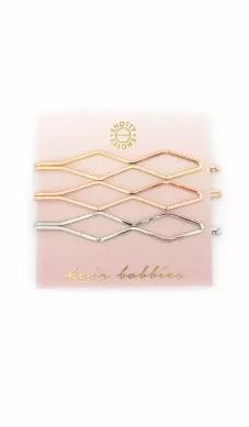 Open diamond shape hair bobbies 3-pack packaged on a card. approximately 3" across.