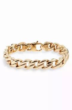 Classic curb chain link bracelet. Gold-tone Stainless steel. Will not tarnish, suitable for sensitive skin. Length: 8", Tip to Tip. Width: 1/2"