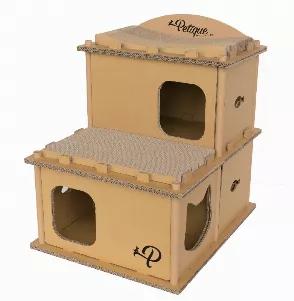 Features
100% eco-friendly materials to protect your pets and the planet
Three levels to accommodate multiple cats
Includes multiple scratchboards inside and outside the house
Very sturdy and easy to build
Non-toxic  and completely safe if your cats accidentally ingest it
Easy to move around compared to the ones made of wood
Big enough to accommodate several cats, small dogs, bunnies, and other small animals
Cardboard is recycled and compressed to form strong panels
Compostable
Sustainable
Biode
