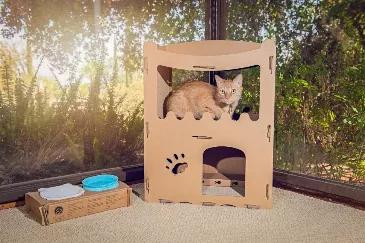 <div style="font-weight: 500; text-align: center;"><span style="color: #000000;">Petique Feline Penthouse Cat House is our top selling cat house designed to be safe for your pets and safe for our planet! Your feline friends will enjoy lounging on the roof or hiding out and getting cozy on the first and second floor. Our cardboard pet houses reduce stress and anxiety, which is why cats are naturally drawn to our eco-friendly cardboard cat houses. They are sustainable, super lightweight and sturdy