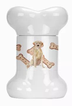 Do you think your dog is spoiled enough? Not unless they have their own bone shaped treat jar. This biscuit and cookie jar stands 9 inches tall and measures 6 inches wide at the base. It is made from ceramic and D?corated with our full color artwork. This treat jar is dishwasher safe. Give this at a gift to a groomer, dog walker, pet sitter or buy a couple for yourself.