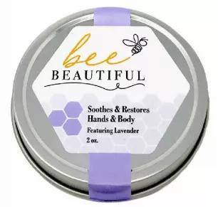 Bee Beautiful soothes & restores hands & body with the amazing benefits of beeswax, vitamin E, and aloe vera.  Bee Beautiful has a gentle, earthy aroma with SEVEN essential oils, specifically chosen for the health of your skin, featuring lavender.  We know you will love it, and so will your skin!    (Perfect for dry, cracked heels, hands, elbows, and any skin part that needs daily care.)