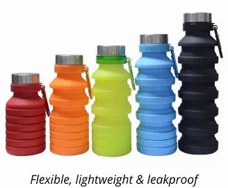 Eco-Friendly, Light Weight, Flexible and leak-proof<br> BPA Free Collapsible Water bottle Silicone Folding Water Bottle<br> <li>Material: Food-grade silicone <li>Size: .55 Liters /.47 Liters. Expanded 9.44in, Folded 5.5in <li>Dishwasher Safe