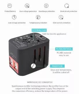 High Quality Universal Travel adapter that can be used in 220+ countries.<br> Fast charge with 3.5A USB ports.<br> Ideal Travel Mate for any traveler.<br> Comes with a small travel pouch.