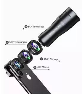 4-in-1 Mobile Phone Lens. Enhance how you capture your memories! Excellent Starter Kit<br> <li>198? Fisheye <li>120?wide angle <li>20X macro <li>14x telephoto <li>Other items included 4 lens cap, 1 stable clip, 1cleaning cloth, 1 User guide