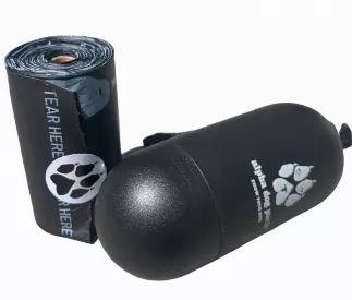 Our alpha-quality poop bag dispenser is a convenient holder for our dog poop bags (fits all standard-sized rolls). The adjustable strap allows it to attach to any size leash including our handmade leather leashes, while the screw-on dispenser top keeps bags secured. Includes one (1) unscented roll of 15 Alpha Dog Pack ASTM compostable dog poop bags.   